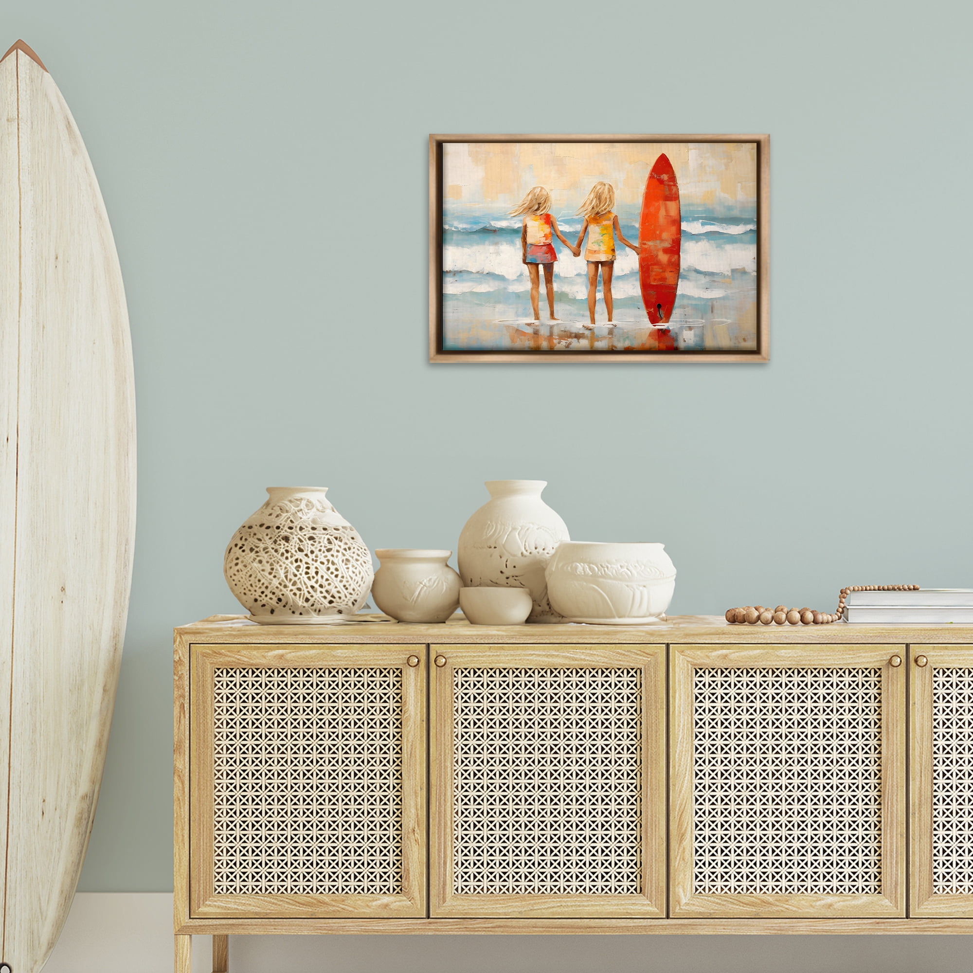 Stupell Industries Kids & Beach Surfboard People Painting Brown Floater Framed Canvas Art Print Wall Art, 25 x 17