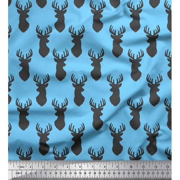 Soimoi Blue Cotton Duck Fabric Stencil Elk Mount Face Print Fabric by Yard 42 Inch Wide