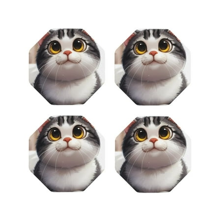 

Honeii Cute Cartoon Kitten Print Leather Coaster Set of 4 Ideal for Safeguarding Your Furniture from Drinks Spills and Effortless Cleanup-Octagon
