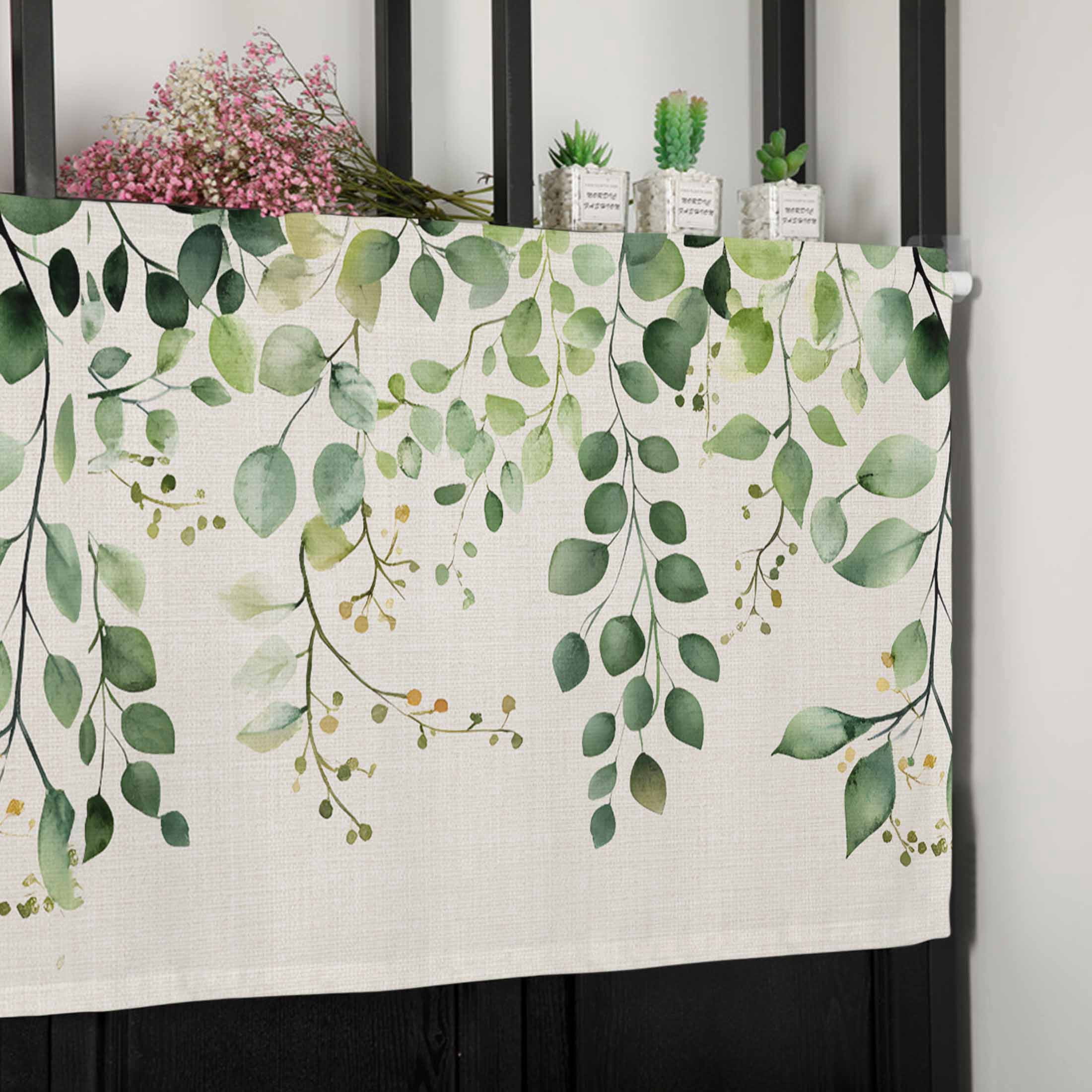 Valances for Windows Sage Green Eucalyptus Leaves Retro Summer Tree Branch Linen Valance Rod Pocket Window Treatments Curtains for Kitchen Small Windows Living Room Bedroom Bathroom, 60"x18"