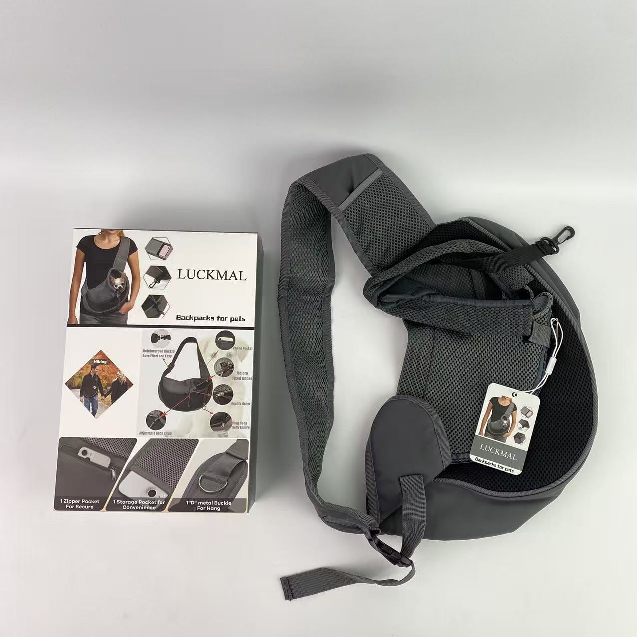 LUCKMAL Backpacks for pets,Pet Sling Carrier for Small Dogs & Cats – Hands-Free Puppy Carrier with Safety Hook, Large Zipper Pocket, Soft Breathable Mesh, Adjustable Strap & Reflective Strip