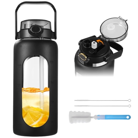 64oz Glass Water Bottle Water Jug with Straw & Handle Wide Mouth Glass Tumbler with Silicone Sleeve Water Drinking Bottle with Capacity Markers Includes Cleaning Brushes