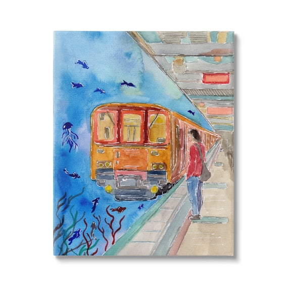 Underwater Aquarium Subway Train Landscape Painting Gallery Wrapped Canvas Print Wall Art