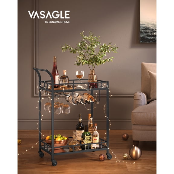 VASAGLE Bar Cart Black, Home Bar Serving Cart, Wine Cart With 2 Mirrored Shelves, Wine Holders, Glass Holders, For Kitchen, Dining Room