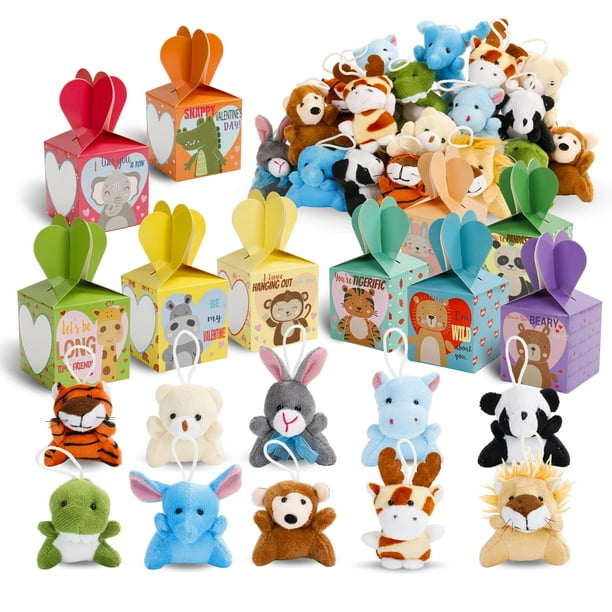 Atfunshop Regalos del día de San Valentín para niños con juguetes de peluche de animales, paquete de 30 mini llaveros de San Valentín y caja de regalo de corazón a granel para niños pequeños, niñas, n