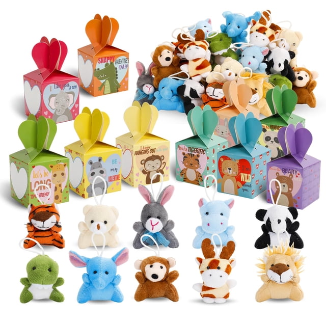 Atfunshop Regalos del día de San Valentín para niños con juguetes de peluche de animales, paquete de 30 mini llaveros de San Valentín y caja de regalo de corazón a granel para niños pequeños, niñas, n