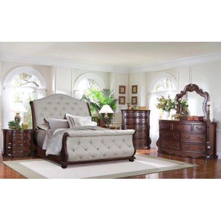 Brown Cherry & Linen King Bedroom Set 5Pcs McFerran B528 Classic Traditional