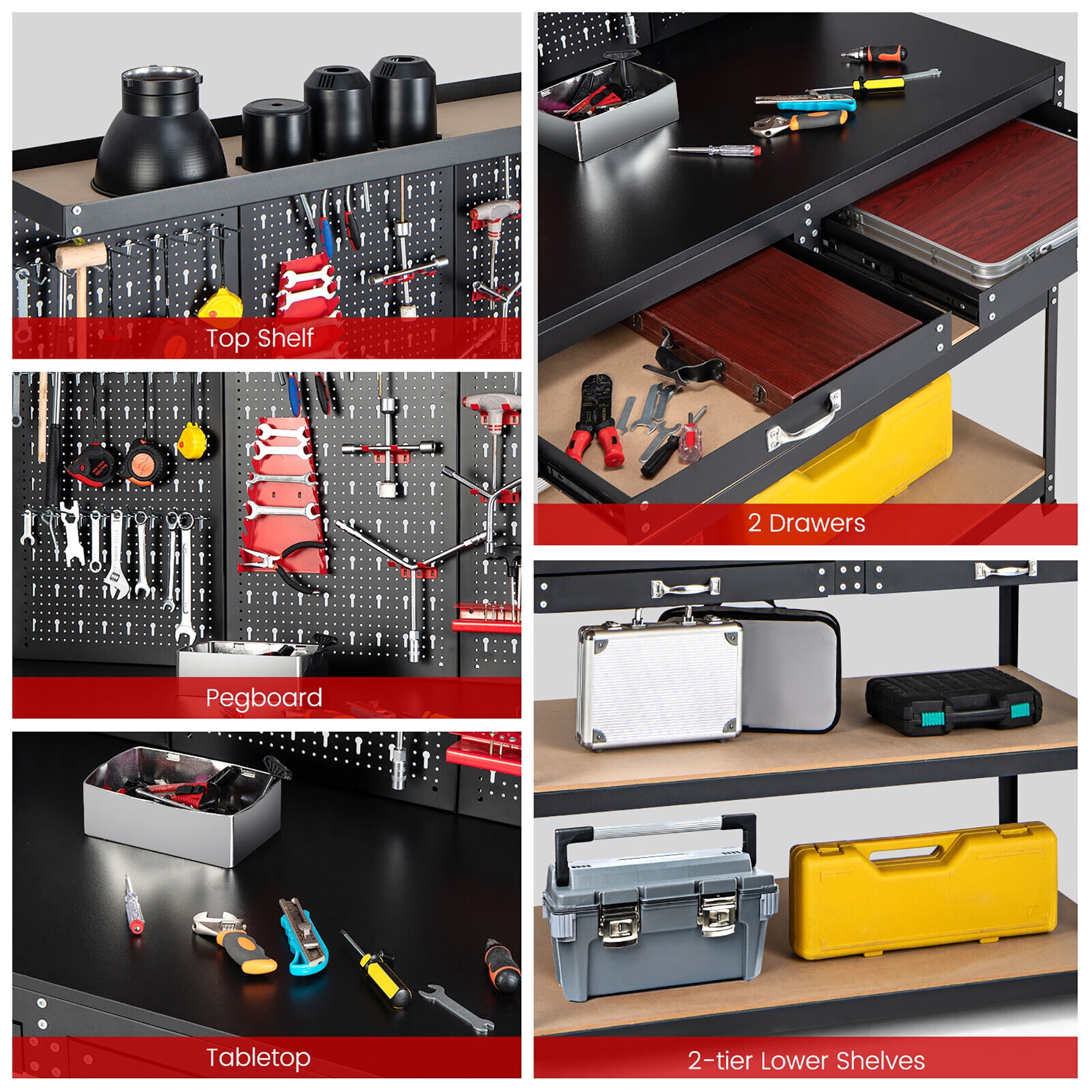 Gymax 48'' Heavy-Duty Workbench with Peg Board Hook Kit & Drawers