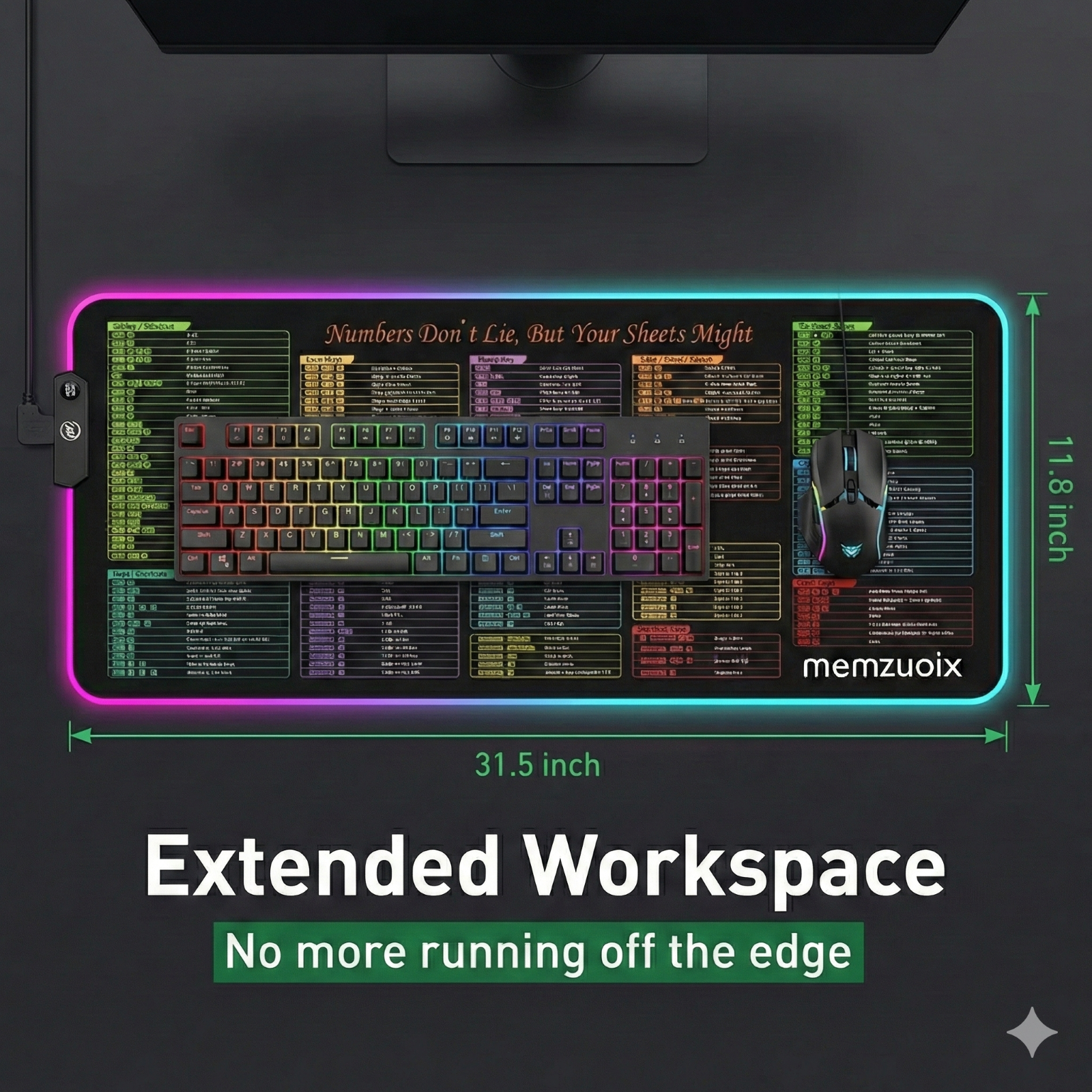 Memzuoix LED RGB Gaming Mouse Pad with Excel & Office Shortcuts photo 4