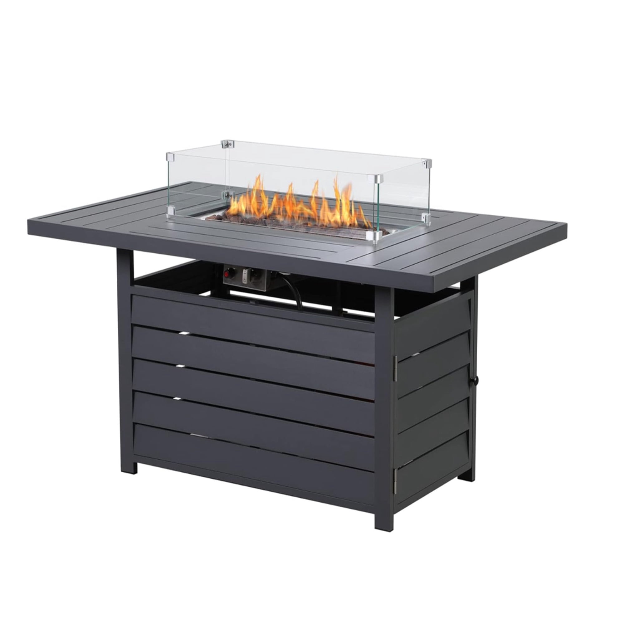 KIOOTTO 54" Aluminum Outdoor Gas Fire Pit Table, 50,000 BTU Propane Fire Table with Glass Shield & Lid, Rust-Free Rectangular Patio Coffee Table, Dark Gray