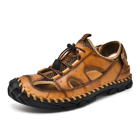 

Lopsie STREAMNATURE Mens Closed Toe Sandals Sport Sandals Casual Leather Handmade Sandals Adjustable Fisherman Beach Sandals For Outdoor Walking Driving Yellow