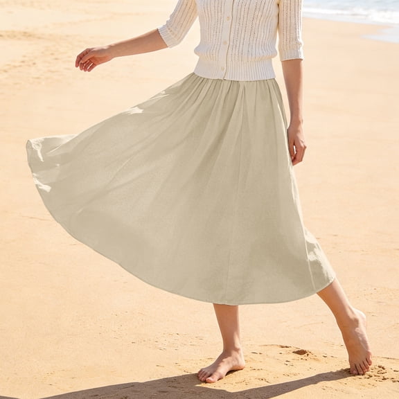 ZHOGXU Women'S Skirt Summer Elastic Waist Solid Color A Line Flowy Elegant Comfortable Mid Length Skirt For Everyday Wear,Beige,L
