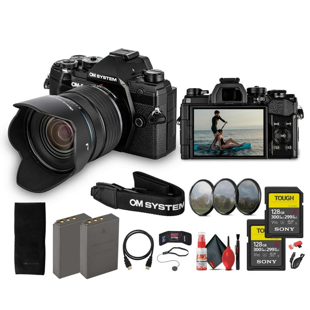 OM SYSTEM OM-5 Mirrorless Camera with 12-45mm f/4 PRO Lens in Black Bundle Including: 2x 128 GB Memory Card, Added Battery, 3-Piece Filter Kit, Shoulder Strap, Cleaning Kit, Card Reader, More