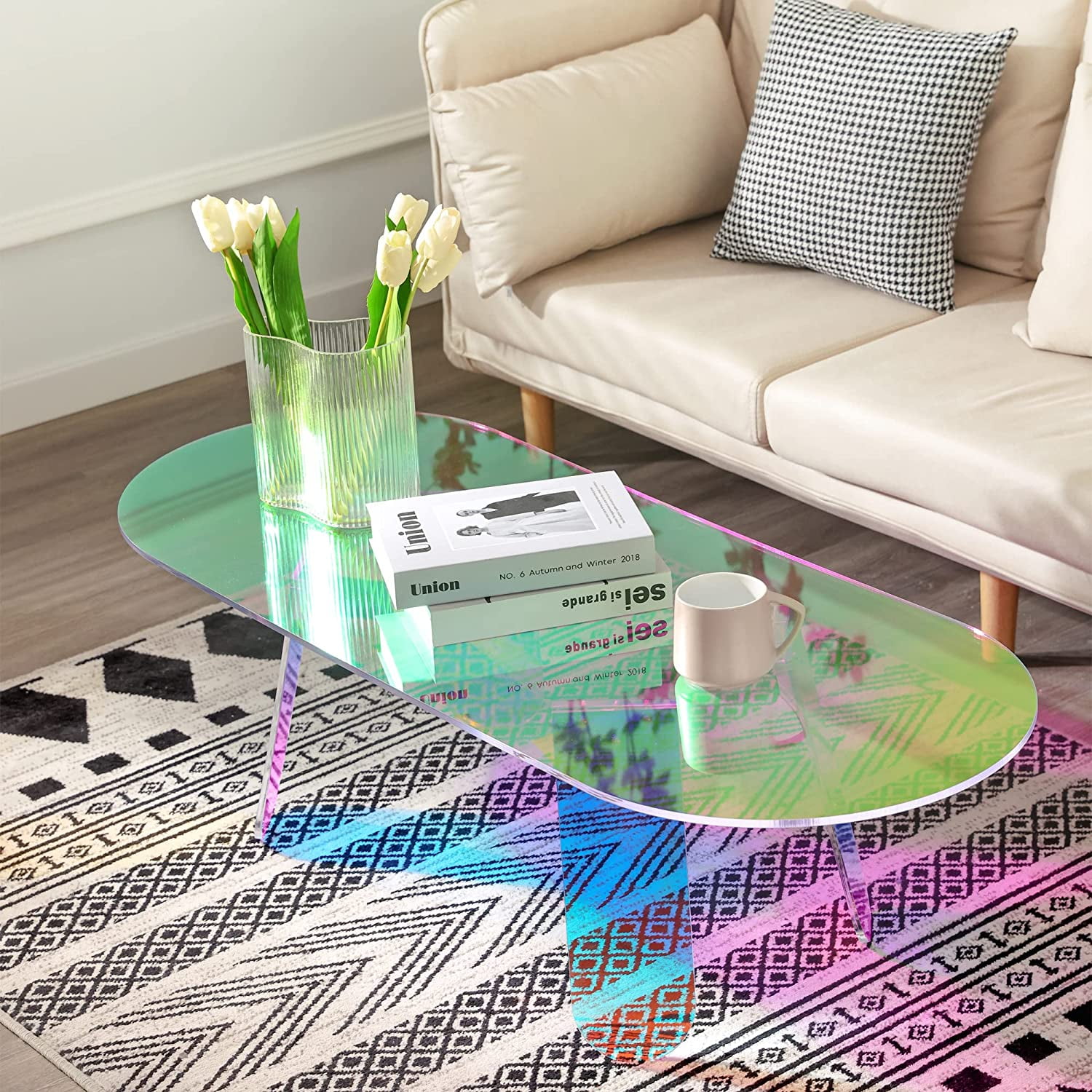 Superjoe 48" x 19" Acrylic Coffee Table, Iridescent Rainbow Table, AntiScratch Modern Lucite