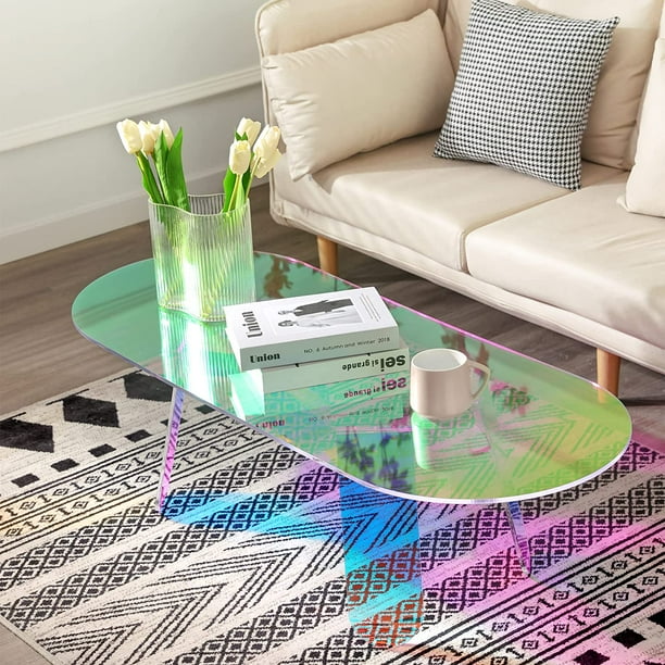Superjoe 48" x 19" Acrylic Coffee Table, Iridescent Rainbow Table, Anti