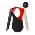 thumbnail image 2 of TiaoBug Kids Girls Shiny Long Sleeve Gymnastics Dance Leotard Bodysuit with Hair Band Figure Skating Costume Red&Black 12, 2 of 5