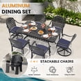 thumbnail image 6 of Hzzkey 7-Piece All-Weather Cast Aluminum Dining Set, Black Frame Rectangular Table with 2 Smooth 360° Swivel Chairs & 4 Outdoor Dining Chairs, Blue Cushions Included, 6 of 15