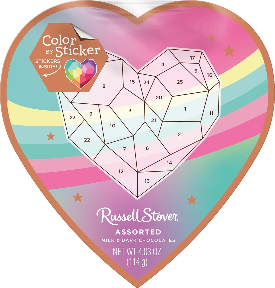 Russell Stover Valentine's Day Color Sticker Heart Assorted Milk & Dark Chocolate Gift Box, 4.3 oz. (7 Pieces)