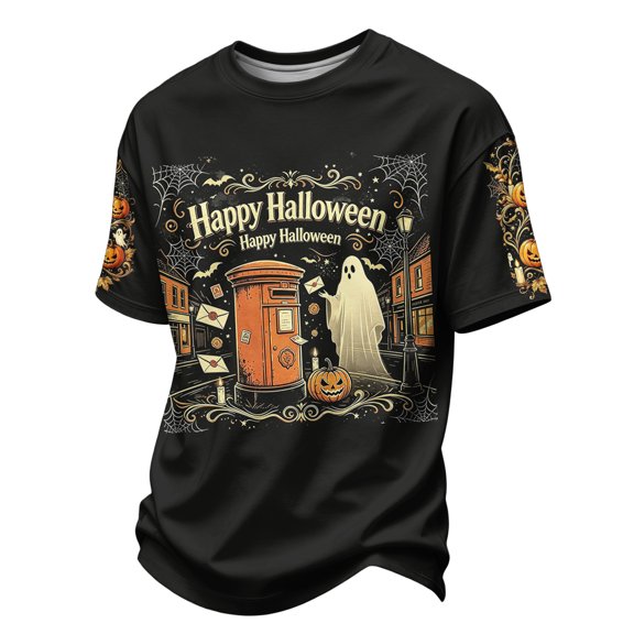Men's Halloween Graphic T-Shirt, Short Sleeve Crew Neck Spooky Ghost Pumpkin Print, Lightweight Breathable Casual Tee for Party 02-Black XXL