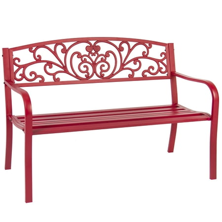 Stone Yard Outdoor Furniture Best Choice Products 50in Steel Outdoor Park Bench Porch Chair Yard Furniture w/ Floral Scroll Design, Slatted Seat for Backyard, Garden, Patio, Porch - Red ()