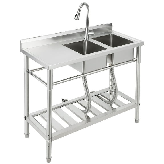 Luku Commercial Sink with Faucet, Freestanding Sink with Workbench, 2 Bowl and Drainboard, Utility Stainless Steel Kitchen Sink