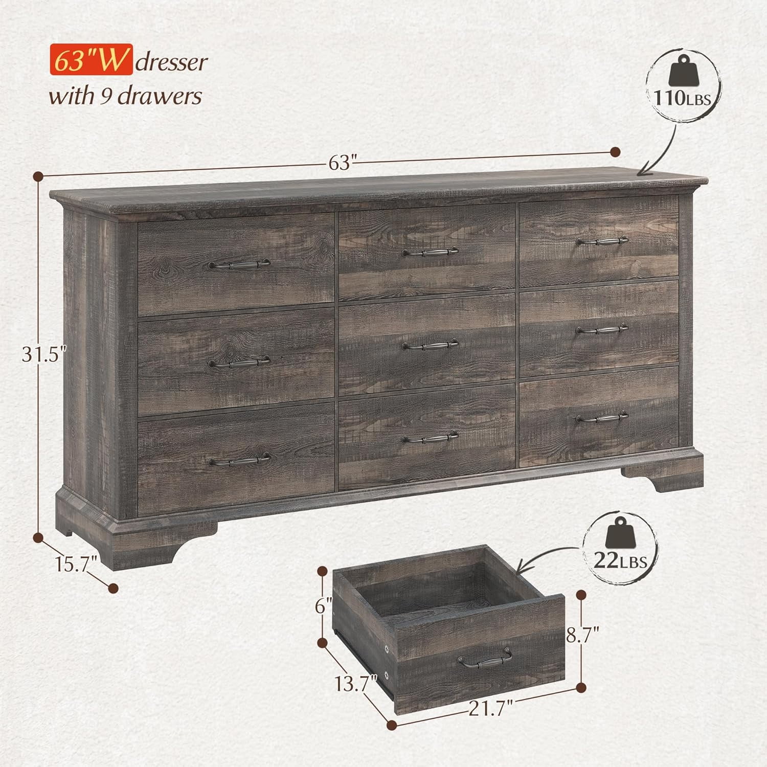 EnHomee 9 Drawer Dresser Wood Dresser for Bedroom Dressers&Chest of Drawers 63" Long Dresser TV Stand,Dark Rustic Oak
