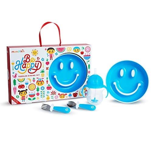 Juego de comedor para niños pequeños Munchkin Be Happy incluye placa de succión taza de paja y utensilios azul