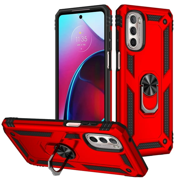Dteck Motorola Moto G Stylus 5G 2022 Case, Military-Grade Metal Ring Kickstand 15ft Drop Tested Shockproof Heavy Duty Protective Magnetic Stand Cover,Red