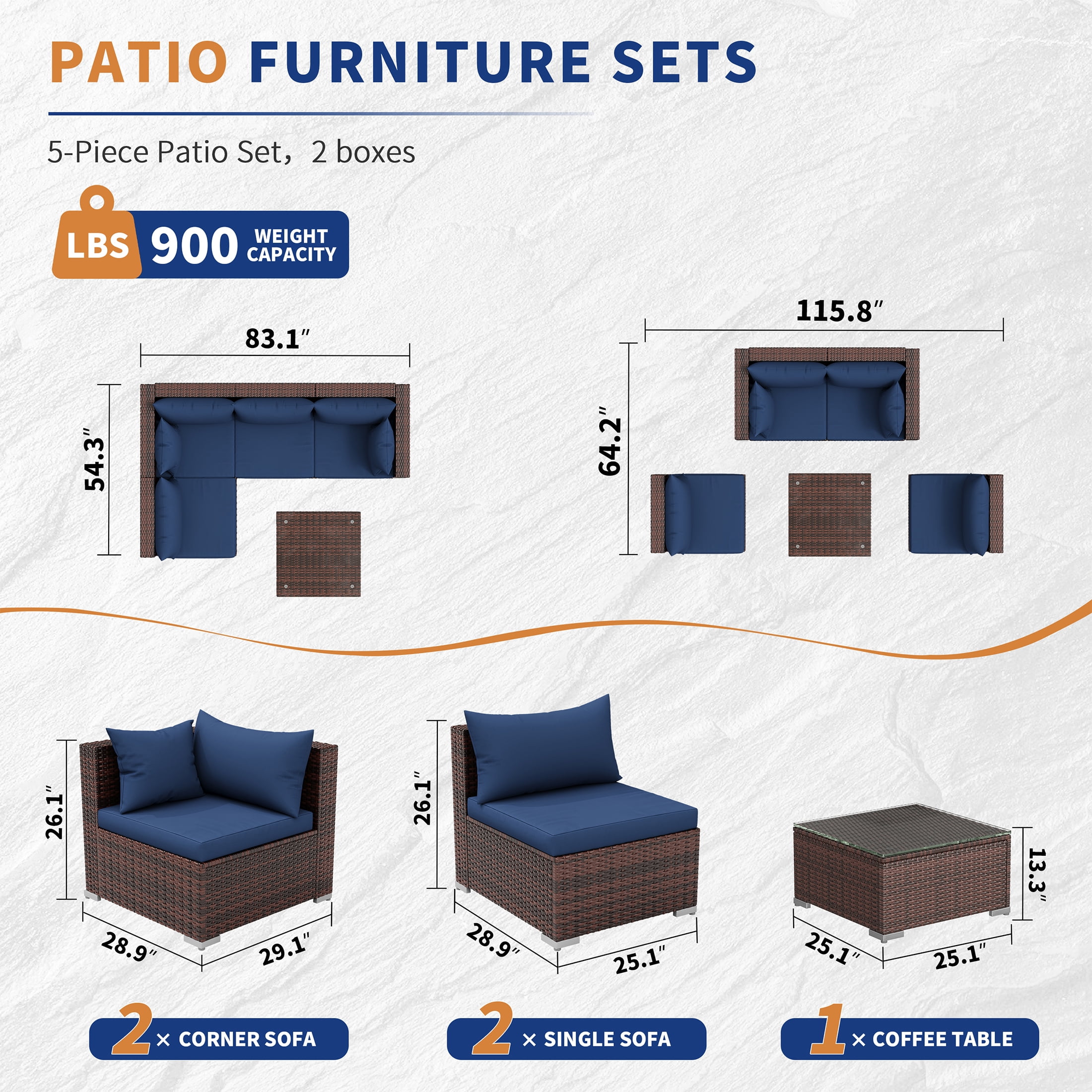 UDPATIO Patio Furniture Sets, Modular Rattan Outdoor Patio Sectional Furniture Sofa Set, Wicker Patio Conversation Set for Backyard,5PCS