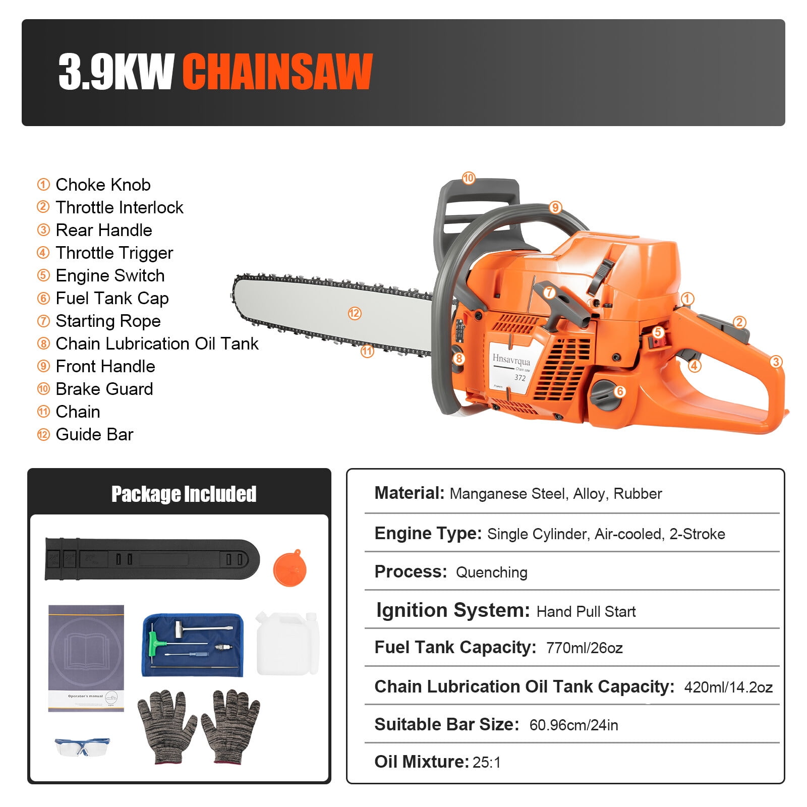 PEAKORA72cc Gas Powered Chainsaw with 24'' Guide Bar Saw Chain 2-Stroke Engine Cut Wood