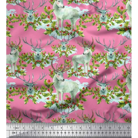 Soimoi Cotton Duck Fabric Red Berries,Holly Leaves & Reindeer Animal Decor Fabric Printed Yard 56 Inch Wide