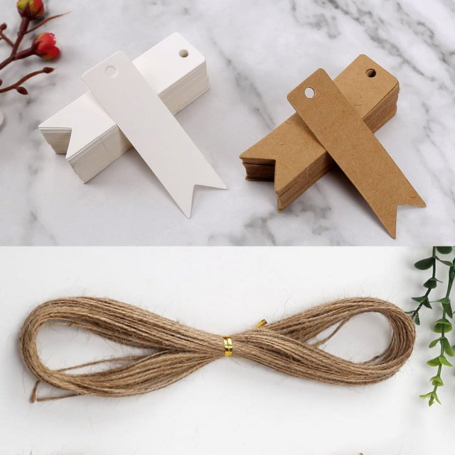 200 Uds. Etiqueta de tarjeta Kraft 7*2cm etiquetas de regalo blancas y marrones con yute Natural y cordel de 40M manualidades para bodas y fiestas regalos del Día de los niños
