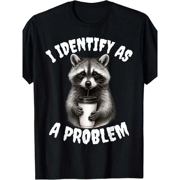 Funny Raccoon Meme T-Shirt - "I Identify As a Problem Raccoon" Slogan with Raccoon Mask Logo - Casual & Party Wear Novelty Tee for Animal Lovers, Round Neck Humor Apparel
