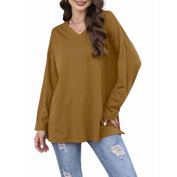 Womens Tops Long Sleeve V Neck Casual Tunic Tops Basic Shirts Loose Fit Blouse Yellow S