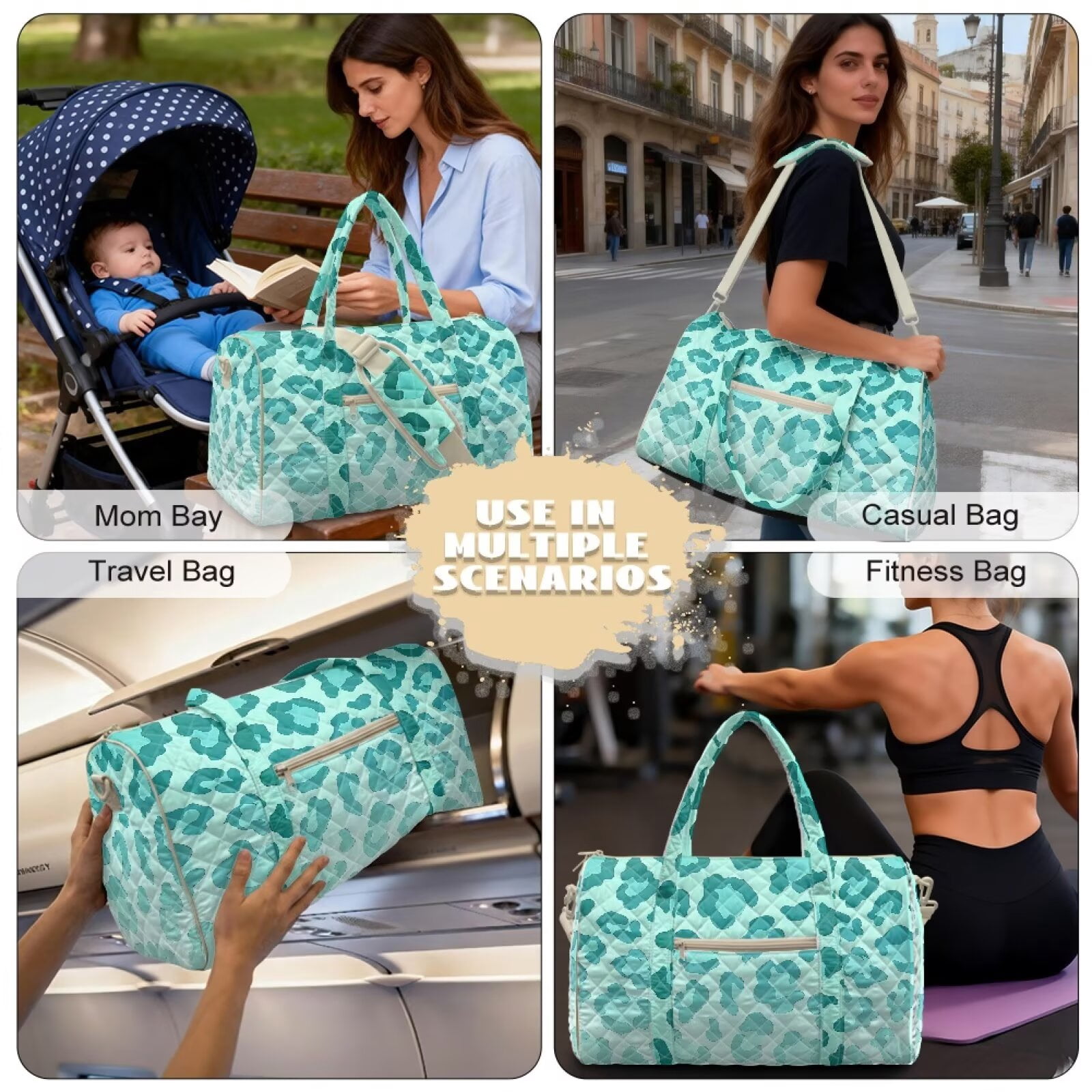Xixirimido Travel Duffle Bags Quilted Weekender Overnight Bags for Women Men Hospital Bag for Women Labor Delivery Multi-pocket, Teal Leopard