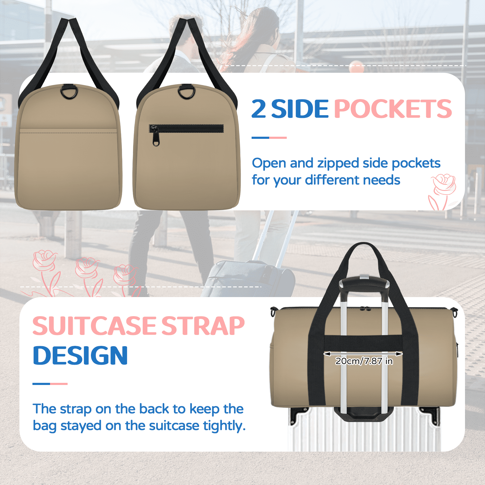Herdesigns Tan Travel Duffle Bag Sports Yoga Weekender Overnight Carry on Workout Bags Lightweight Waterproof Gym Tote Bag for Women