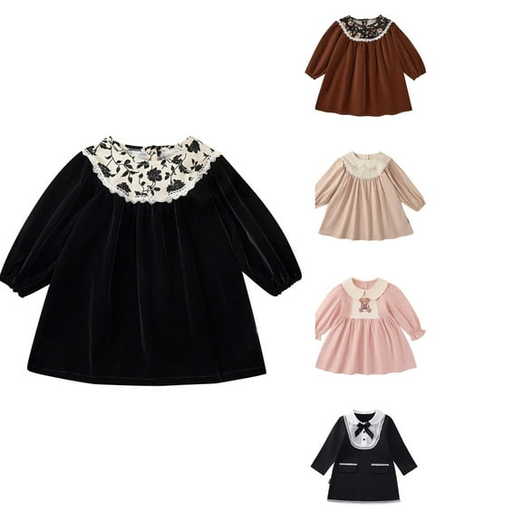 Antinious Girls Princess Dress Frock Banquet Dress Elegant Princess Dress Long Sleeved Round Neck Solid,Toddler Girls Winter Outer Dress,Kids Party Dress,Black,120