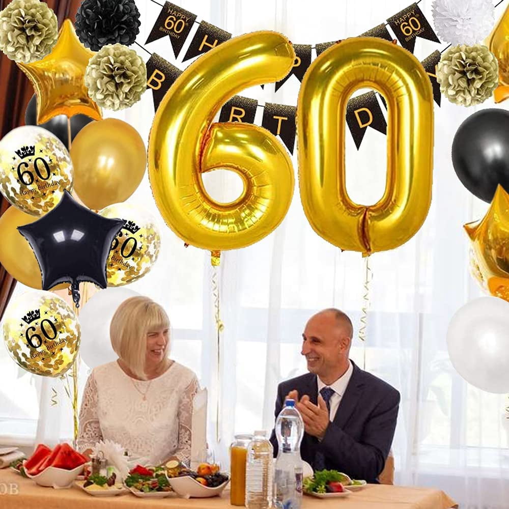60th Birthday Decorations for Men Women, Black Gold Party Decorations Supplies Balloon Garland Arch Kit with Happy Birthday Banner Tassels Confetti Balloon Number 60 Birthday Wedding Anniversary