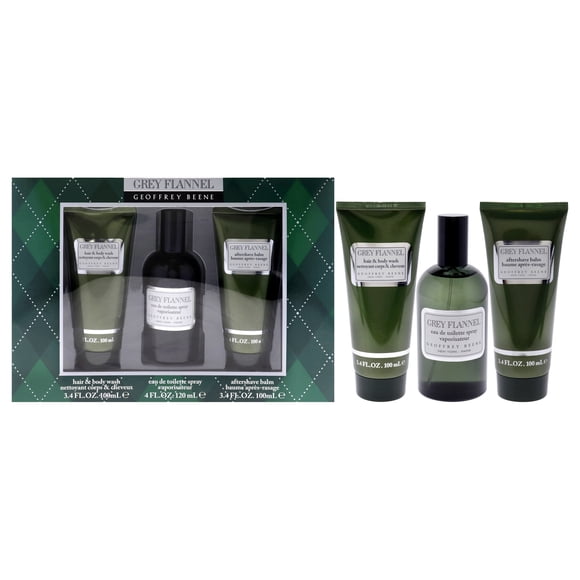 Grey Flannel de Geoffrey Beene para hombres: set de regalo de 3 piezas: spray EDT de 4 oz, bálsamo para después del afeitado de 3,4 oz, gel de baño para el cabello y el cuerpo de 3,4 oz