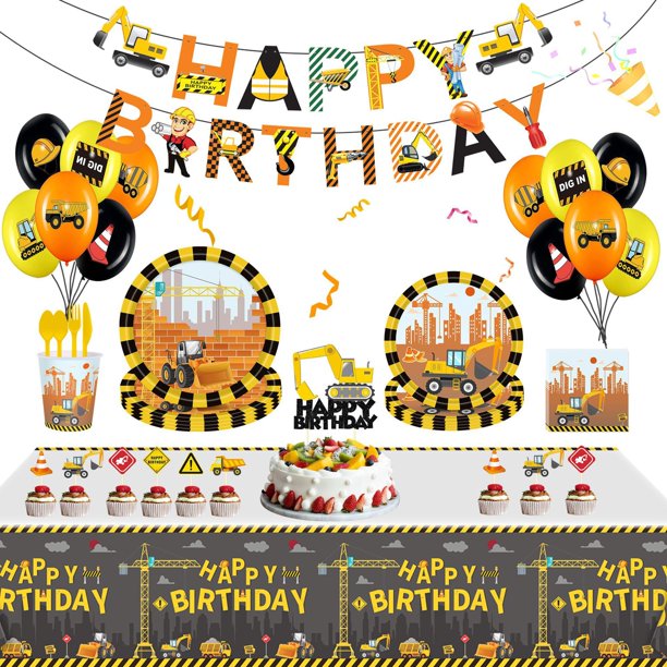 Vehículo de construcción, excavadora, carretilla elevadora, chico de la construcción, fiesta, vaso de papel, cartón, cuchillo, tenedor, cuchara, mantel, pancarta, decoración de cumpleaños