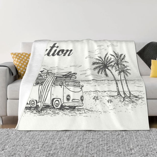 Balery Summer Vacation Scene With Camping Van Manta de Franela con Dibujo, Lujo Ultra Suave y Cálido, Antipelusa y Resistente a las Arrugas para Cama, Sofá, Camping -60"x50"