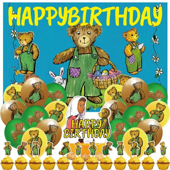 32 PCS For Corduroy Bear Theme Party Decorations,With 5*3ft Birthday Backdrop Decorations,18 Balloons,13 Cupcake Toppers for Birthday Party Decorations
