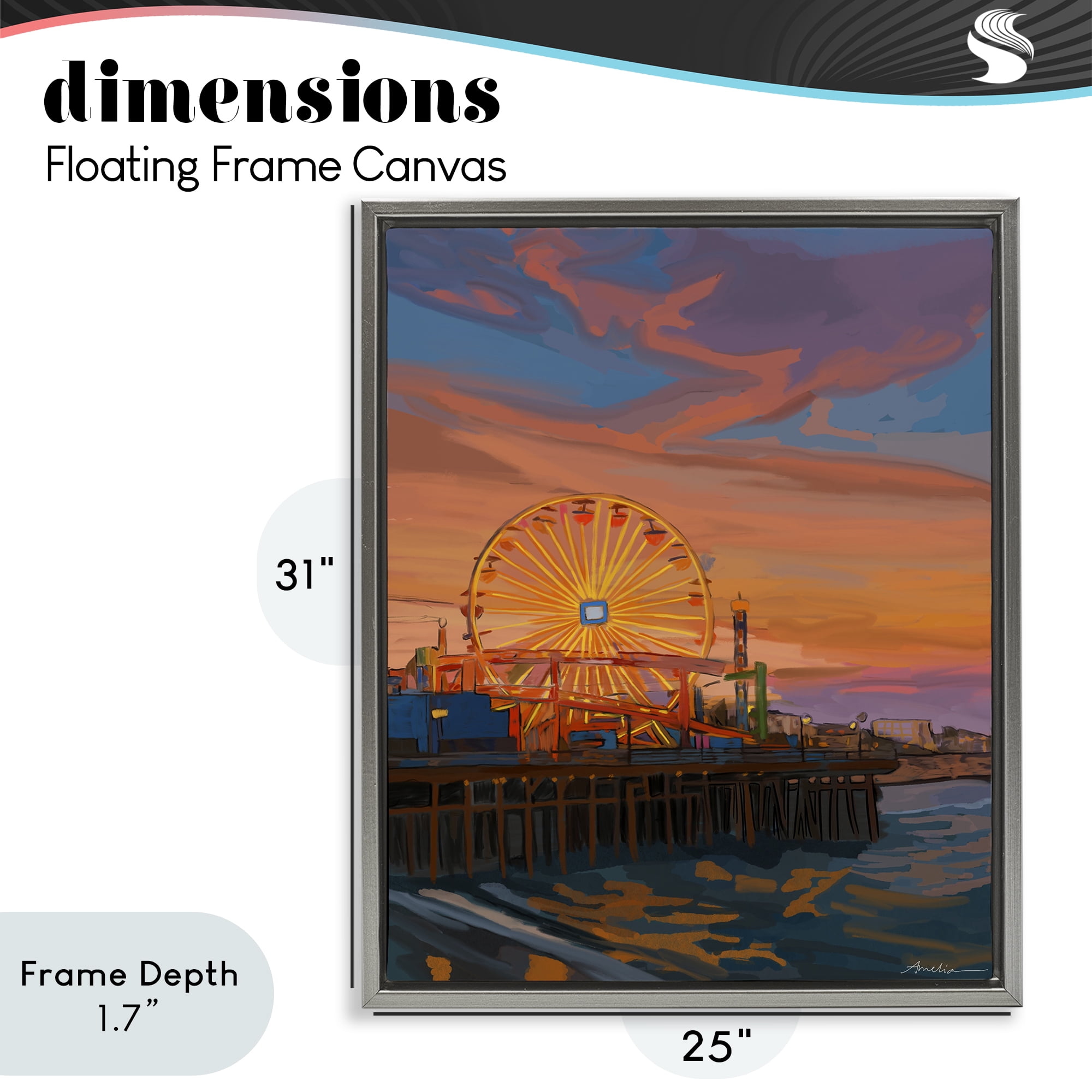 Stupell Industries Santa Monica Pier Sunset Gray Framed Floater Canvas Wall Art, design by Amelia Noyes