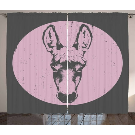 Donkey Curtains 2 Panels Set, Grunge Effect Donkey Portrait with Circle Frame Hipster Sketch Mammal Animal, Window Drapes for Living Room Bedroom, 108W X 90L Inches, Baby Pink Grey, by