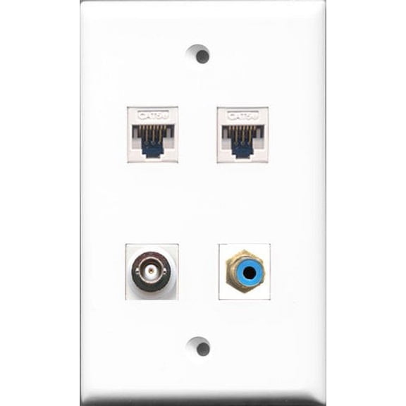 RiteAV - 1 Port RCA Blue and 1 Port BNC 2 Port Cat5e Ethernet White Wall Plate