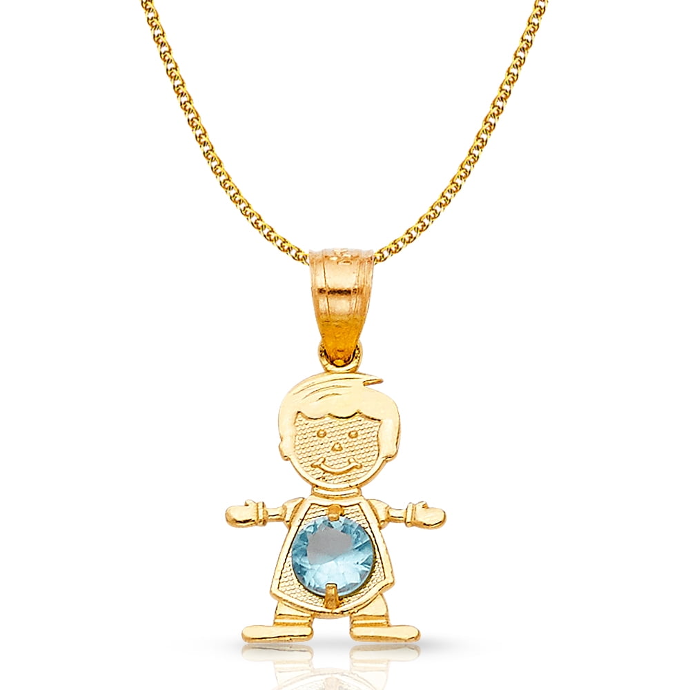 14K Yellow Gold March Birthstone Cubic Zirconia CZ Girl Charm Pendant with 1.2mm Flat Open Wheat Chain Necklace 14K Yellow Gold March Birthstone Cubic Zirconia CZ Girl Charm Pendant with 1.2mm Flat Open Wheat Chain Necklace