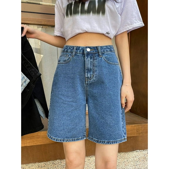 Streamgirl High Waisted Jeans Shorts Women 2025 Vintage Shorts Denim Loose Female Short Straight Jeans Shorts For Women Summer