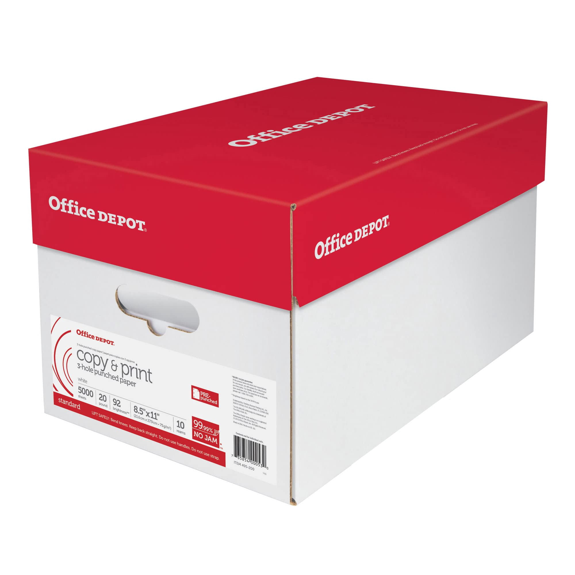 Office Depot® 3-Hole Punched Multi-Use Printer & Copy Paper, 10 Reams, White, Letter (8.5" x 11"), 5000 Sheets Per Case,