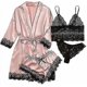 thumbnail image 1 of Women's Sleepwear 4pcs Floral Lace Trim Satin Cami Pajama Set With Robe, 1 of 5