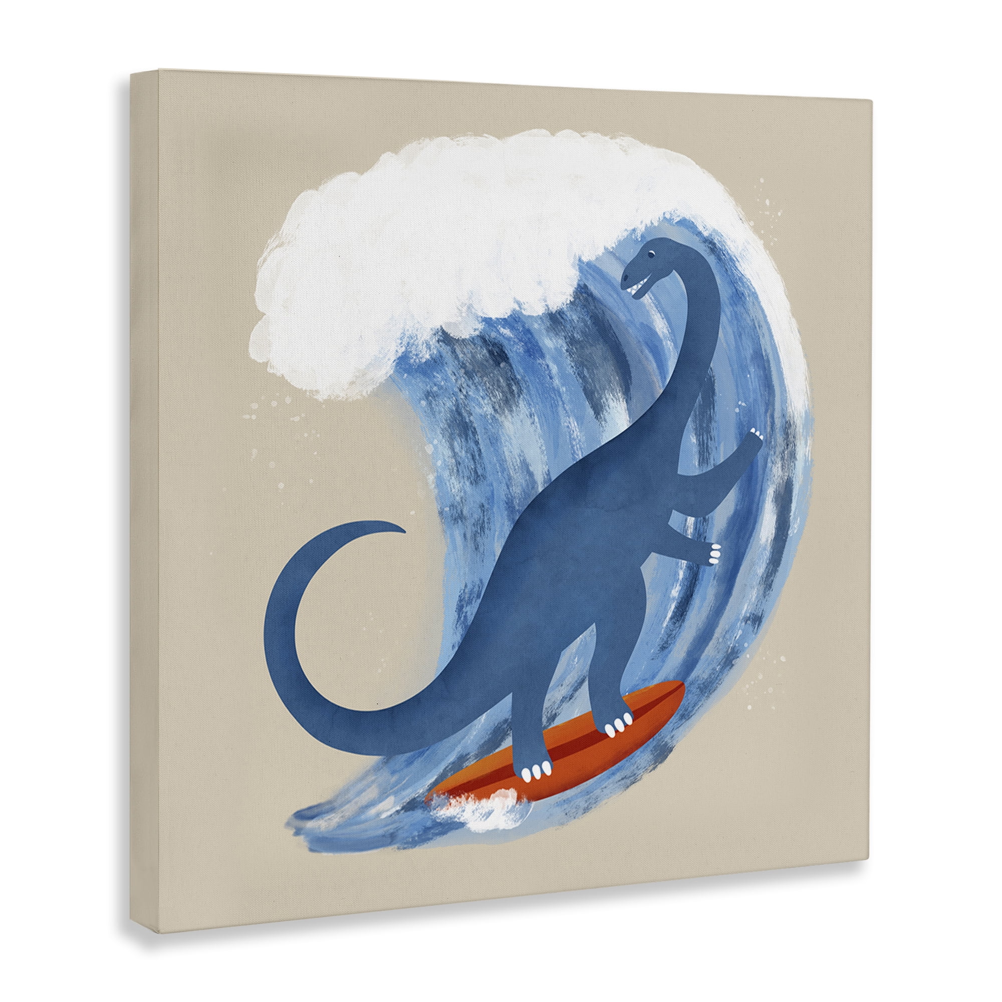 Stupell Industries Surfing Dino Brontosaurus Novelty & Humor Painting Wrapped Canvas Art Print Wall Art, 17 x 17